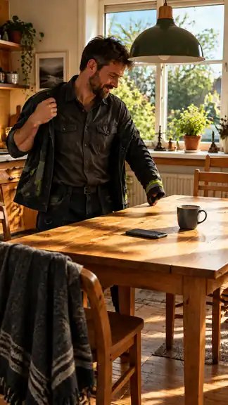 Samma kök i eftermiddagssol: bordet är tomt så när som på mobilen och en kaffekopp, och hantverkaren tar på sig jackan med ett leende.