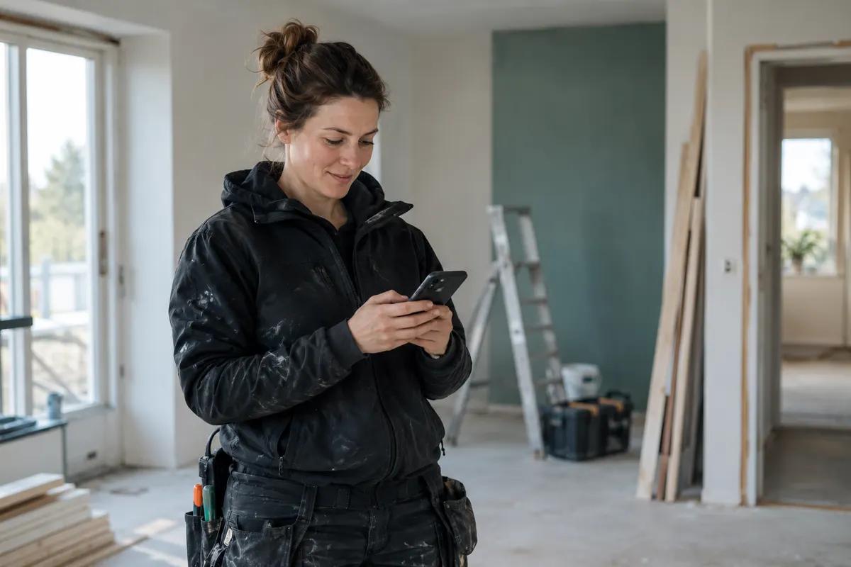 Hantverkare stämmer av mobilen under en paus på arbetsplatsen.